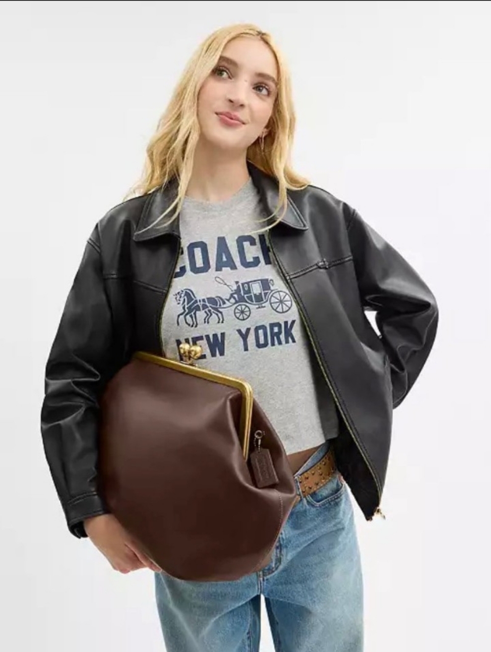 Coach Large Leather Kisslock Frame Shoulder Clutch Bag, Brown